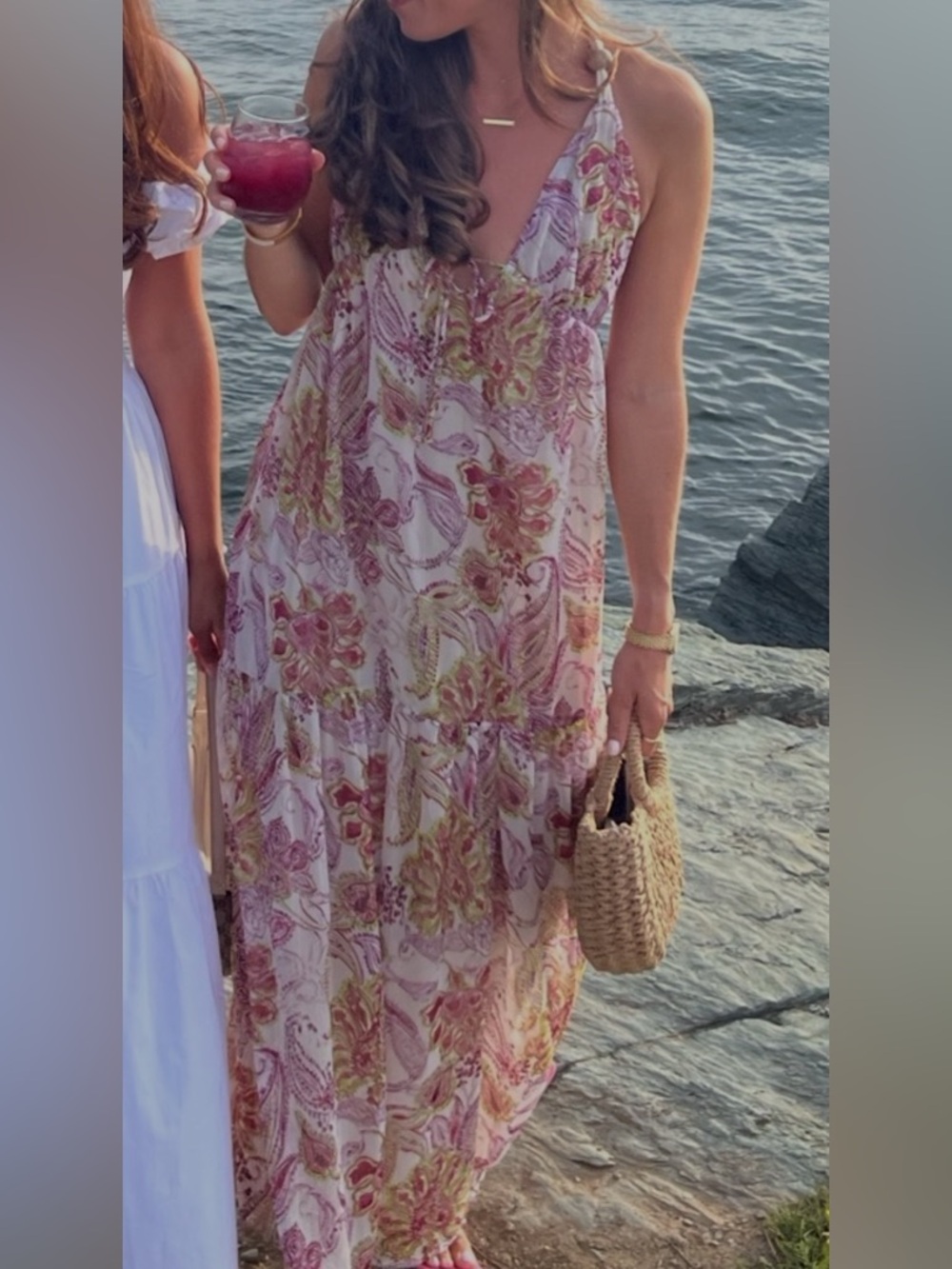 Zara Pink & Cream Floral V-Neck Maxi Dress